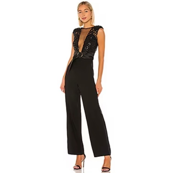 Bronx and Banco Pants - Bronx & Banco Spider Lace Plunge Jumpsuit Black XS Sequin Cocktail Evening Party